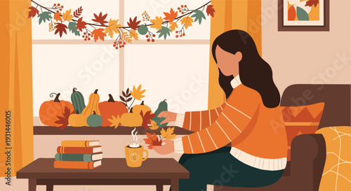 Young Woman Decorating Home with Autumn Leaves and Pumpkins Illustration