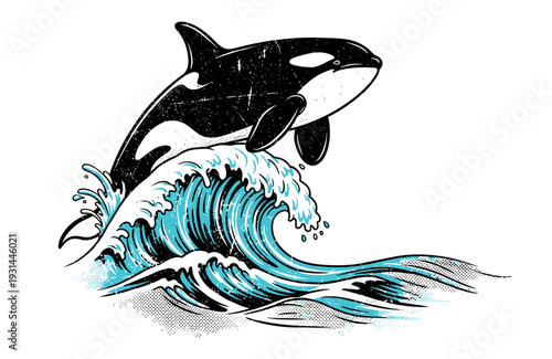Orca whale jumping over ocean wave retro grunge style Illustration