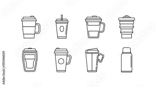 Assorted Disposable Coffee Cups and Tumblers Line Art Icons Set