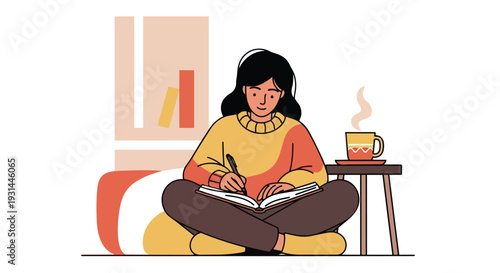 Young Woman Sitting Cross-Legged Writing in Notebook with Hot Drink Illustration