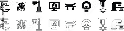 X ray machine medical equipment icon set collection group in black flat line style featuring radiology, scanner, imaging, diagnostic, hospital technology and healthcare synonym elements for clinic des
