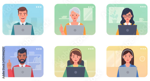 Diverse Team in Video Conference Meeting Illustration | Remote Work and Virtual Business Collaboration with People Using Laptops and Flat Vector Style