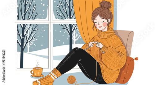 Young Woman Knitting a Sweater Near a Window with Snowy Winter View Illustration