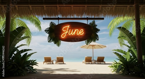 A serene beach scene with a neon sign reading june under a thatched roof and surrounded by palm trees and comfortable lounge chairs