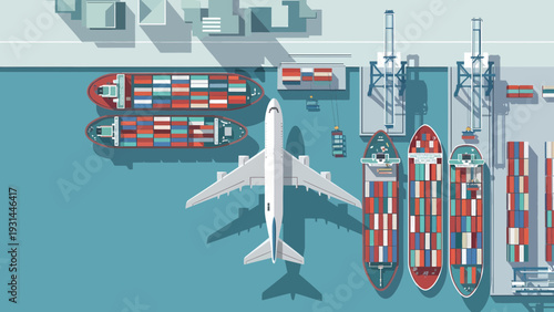 Aerial View of Cargo Ships Airplane and Containers at Port.