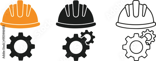 Construction helmet and gear icon collection. Engineering and labor concept symbols in flat and line style vector illustration eps