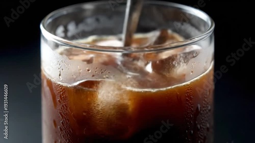 Close up of iced coffee with ice cubes and a spoon stirring in a glass.