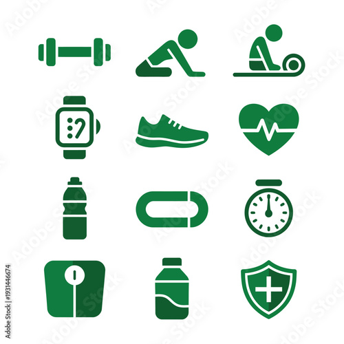 Fitness Icon Set: A comprehensive collection of green fitness icons, perfect for illustrating health, wellness, and exercise concepts, presenting a clean and informative visual language.