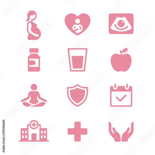 Pregnancy Care Icons: A collection of pink icons depicting essential elements of prenatal care, including the pregnant woman silhouette, a heart shape with a baby, an ultrasound scan.