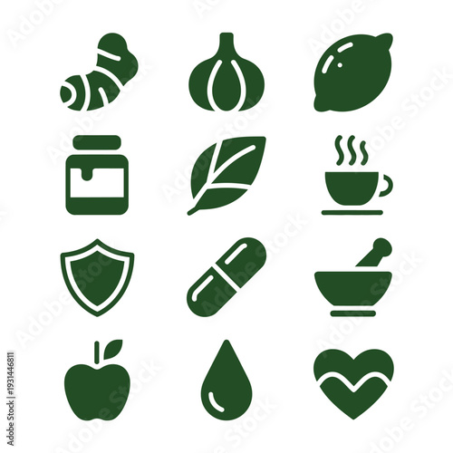 Essential Herbs for Wellness: A meticulously crafted collection of icons representing nature's potent remedies. Showcasing the synergy of nature's best ingredients for a healthy lifestyle.
