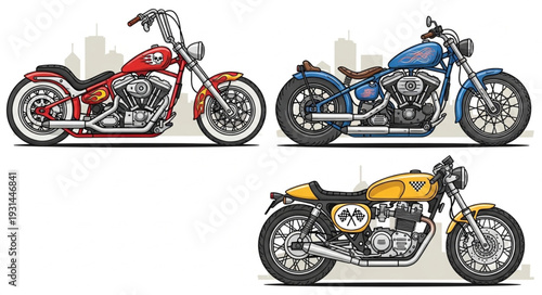 Three different styles of motorcycles displayed side by side.