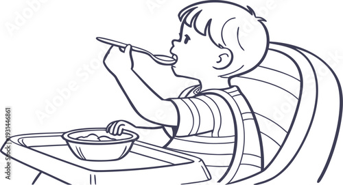 A young child eating from a bowl with a spoon while sitting in a high chair.