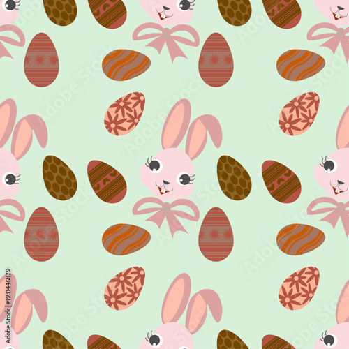  Cute pink Easter bunnies with big bows and colorful patterned eggs