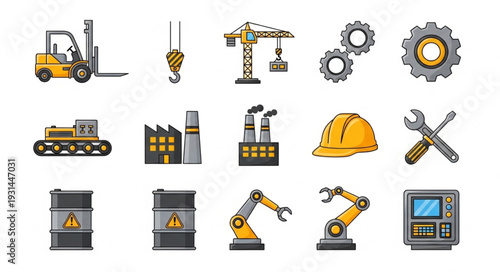 Industrial equipment and machinery icons for manufacturing and construction.