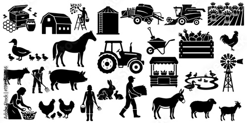 Huge set of farm and agriculture silhouettes, featuring domestic animals, farmers, tractor, harvester, barn and rural life icons isolated