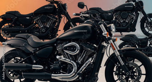 Several black cruiser motorcycles parked together for display.