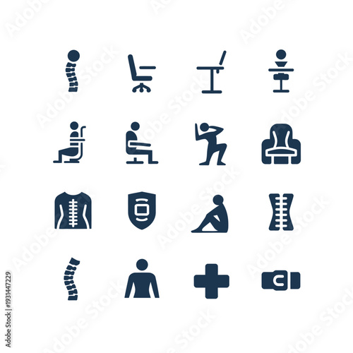 Ergonomic health icon set: An informative graphic featuring a collection of silhouette icons that promote wellness and proper posture, vital for modern health.