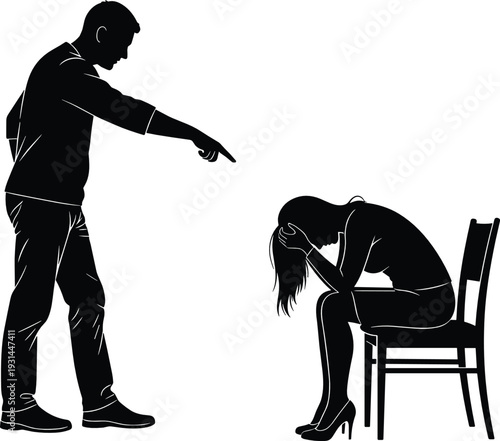 Angry man pointing at seated woman silhouette isolated on white background domestic conflict vector illustration