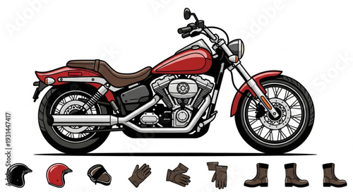 Red motorcycle with riding gear and accessories illustration.
