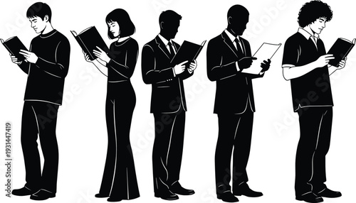 Young men and women reading books silhouettes isolated on white background education lifestyle vector illustration