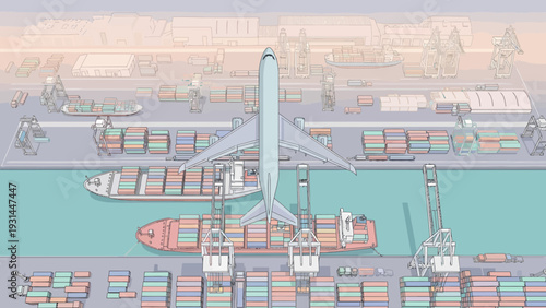 Aerial View of Cargo Ships and Airplane at Port.