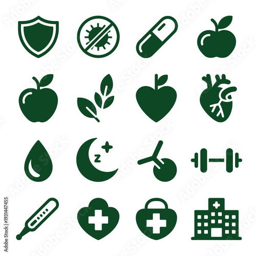 Healthy Lifestyle Icons: A collection of meticulously crafted icons symbolizing a holistic approach to wellness, encompassing elements of protection, healthy eating, and physical well-being. 