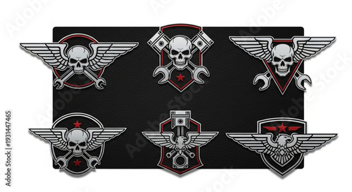Collection of Biker Patches and Emblems with Skulls and Wings.