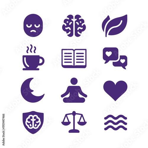 Mindful Collection: A curated collection of symbols and icons depicting elements of mindfulness, well-being, and mental health, with focus on balance and self-care.