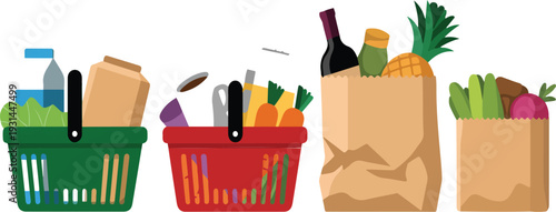 Grocery Shopping Vector Illustration with Baskets and Paper Bags Filled with Food and Fresh Produce