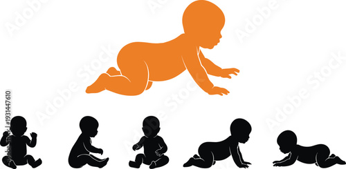 Baby silhouettes in crawling and sitting poses isolated on white background infant growth vector illustration