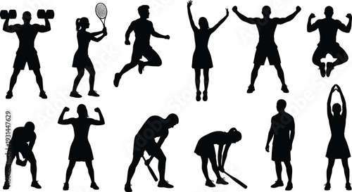 Athlete silhouettes performing various sports and fitness activities isolated on white background active lifestyle vector illustration