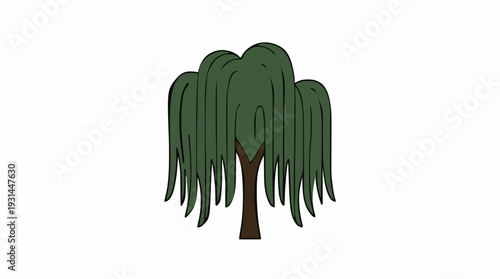 Stylized Green Weeping Willow Tree with Brown Trunk on White Background Simple Nature Illustration