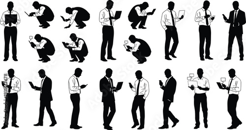 Business people silhouettes using smartphone tablet and laptop in various poses isolated on white background vector illustration
