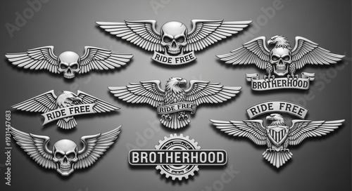 Collection of biker emblems with skulls and eagles.