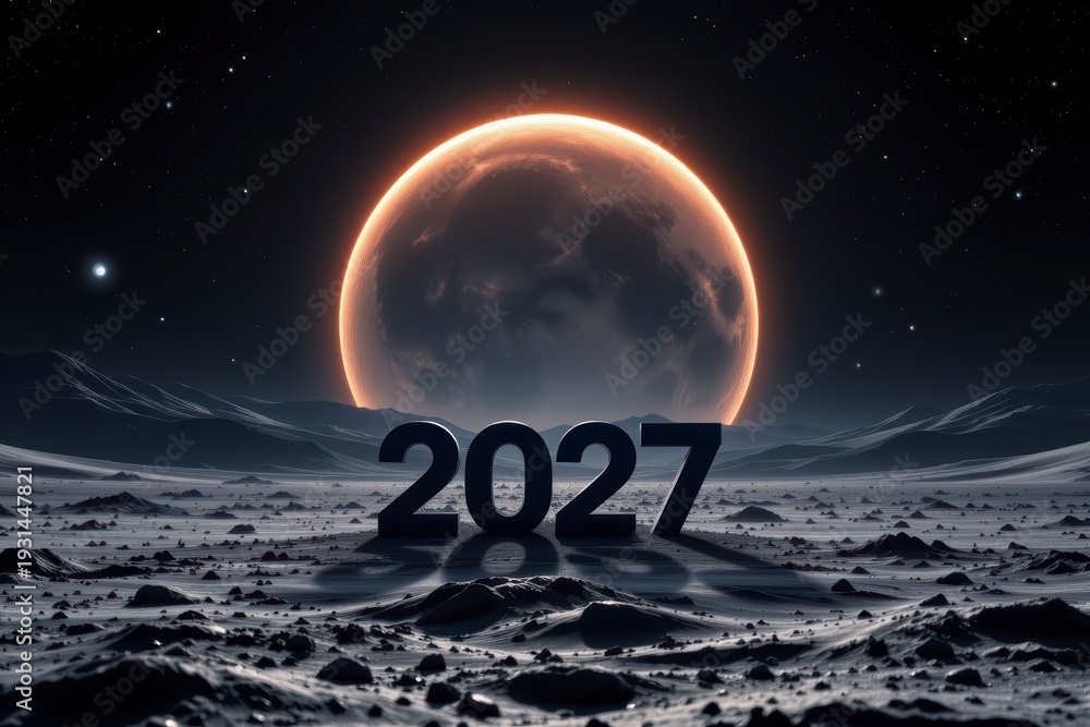 Fototapeta premium 2027 Futuristic Lunar Landscape Under Glowing Celestial