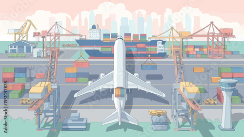 Airplane at a Busy Port A Hub of Global Trade and Transportation.