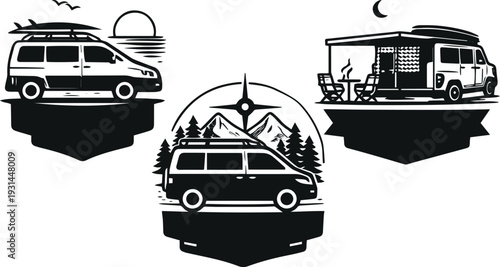 Van Life Camping Adventure Badge Set with Camper Vans, Mountains, Compass and Outdoor Travel Emblems