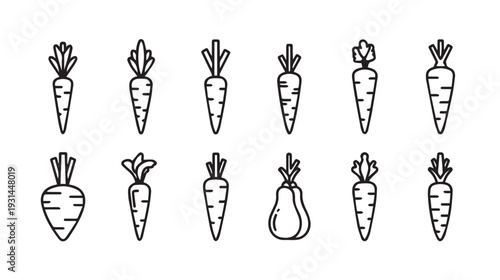 Carrot Icons Collection: Various Styles and One Pear, Vector Line Art
