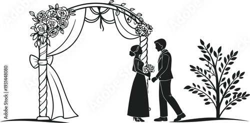 Romantic couple holding hands under a beautiful floral archway on wedding day.