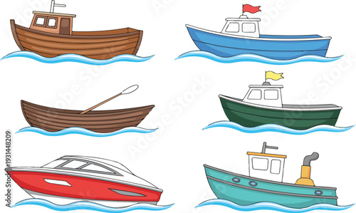 Boat and Ship Vector Illustration Set Featuring Fishing Boats, Rowboats, Yachts and Cargo Vessels on Water for Maritime Design