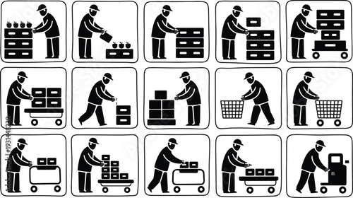 Black Silhouette Icon Collection Of Warehouse Workers Performing Logistics Tasks Including Stacking Boxes Loading Carts Pushing Trolleys And Organizing Retail Stock Inventory