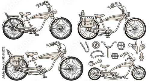 Collection of vintage lowrider bicycles and parts.