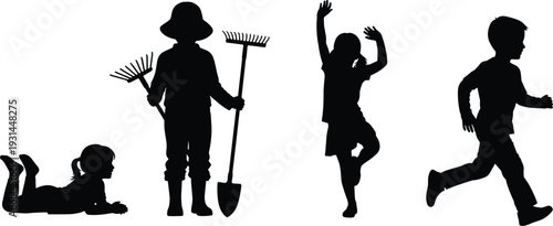 Children silhouettes in different activities including gardening playing and running isolated on white background vector illustration