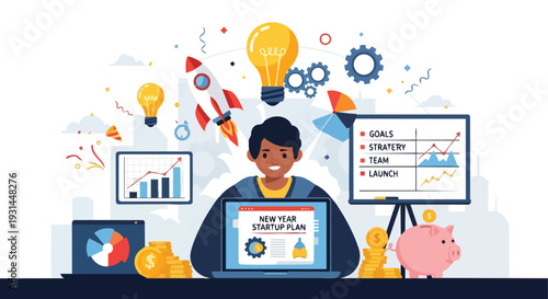 Young Entrepreneur Developing New Year Startup Business Plan and Financial Strategy