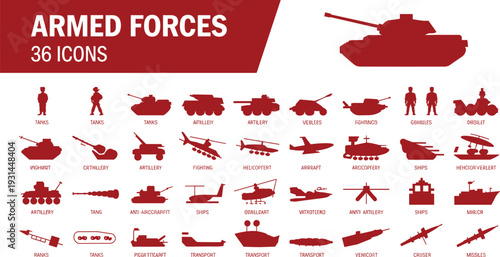 Armed forces icons, military equipment, tank silhouette, artillery design, aircraft symbol, ship vector, missile illustration, combat vehicle, defense tools, red icon set