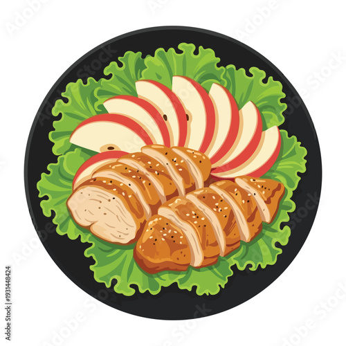 Grilled Chicken Breast with Sliced Apples and Fresh Lettuce on a Plate