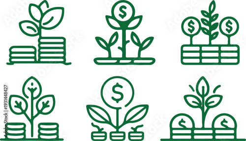 hand drawn investment growth money tree green outline icon set vector illustration design 