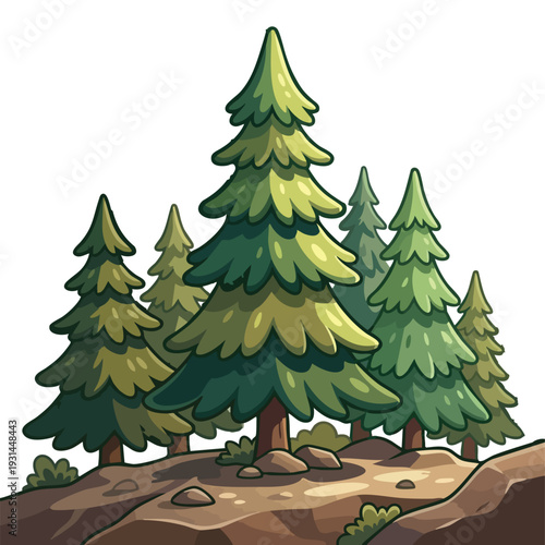 Stylized Pine Trees and Rocks Illustration