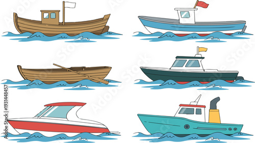 Boat and Ship Vector Illustration Set Featuring Fishing Boats, Rowboats, Yachts and Cargo Vessels on Water for Maritime Design