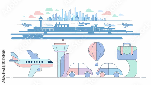 Airport Scene with Airplane Control Tower and Cityscape.